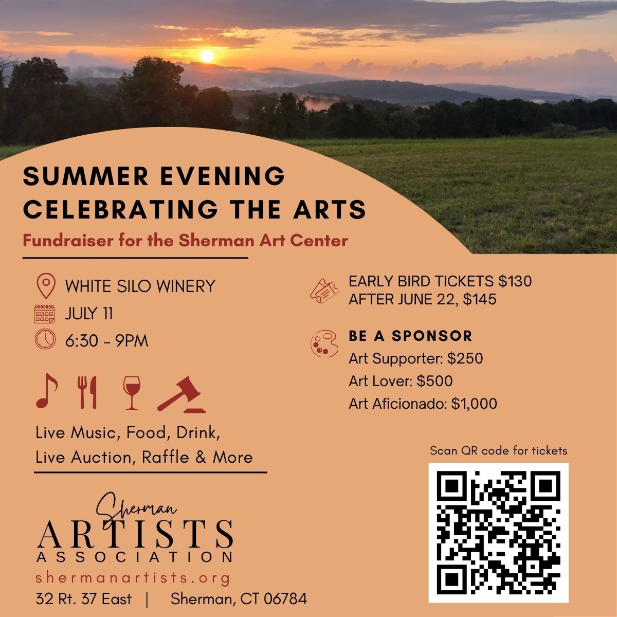 The Sherman Artists Association (SAA) will host a “Summer Evening for the Arts” at the White Silo Farm and Winery on July 11, 2026, from 6:30 - 9 pm. This Fundraiser for the Sherman Art Center will feature live music, food, drink, and live and silent auctions. This is our first fundraiser with the goal of establishing a permanent home for the visual arts in Sherman.  To purchase tickets, go to ShermanArtists.org.How You Can Help:- Attend: Purchase your tickets $145- Invite: Your friends and neighbors to attend- Sponsor: Choose a sponsorship tier to enhance your support:- Donate to the Sherman Art Center Building Fund: If you’re not available to attend, donations are welcome.
LINK IN OUR BIO