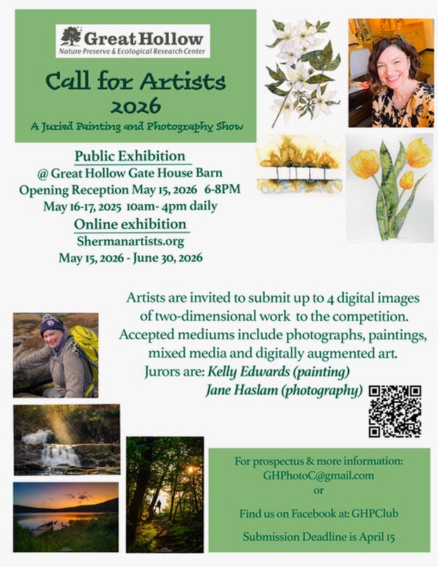 Call for Artists: 
Great Hollow Juried Painting and Photograph Art Show 2026 for prospectus email GHPhotoC@gmail.com
SUBMIT HERE:  form.jotform.com/230583457295161