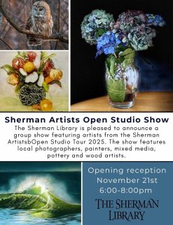 The Sherman Library is pleased to present the Sherman Artists Open Studios Show 2025.  The featured artwork is by members of the Sherman Artists Association who are participating in the Sherman Open Studios 2025 on December 6 & 7.  Thirty-five painters, photographers, mixed media, fused glass, wood and pottery artists will open their home studios or participate in pop-up studios.  Samples of the artist’s artwork will be at the Sherman Library from November 21, 2025 – January 7, 2026.  The opening reception will be on Friday November 21, 6-8pm. The artwork will also be on the Sherman Library website:  www.ShermanLibrary.org
 
The Sherman Library show is a great way to see examples of the artists’ work that will be on display in their studios, at the Sherman Town Hall,  the LOFT, the Sherman Senior Center, and the Sherman JCC on Saturday and Sunday, December 6 and 7, 10am - 4pm.  Open Studios 2025 is your opportunity to learn about artists and their work, to find great gifts, participate in a free raffle, select an ornament from a Holiday Ornament Fundraiser and enjoy some holiday treats! 
 
Come to the Sherman Library show opening on Friday November 21, 6-8pm meet some of the artists, start to plan your visit to the Open Studios and sample some of the amazing artwork.  For more information about the Sherman Artists Open Studio, visit: shermanartists.org.  For more information about this show and the Sherman Library, visit:  shermanlibrary.org
