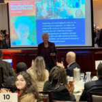 Linda Hubbard accepting the Mary Rindfleisch Heart of the Arts Award at the Cultural Alliance of Western Connecticut luncheon